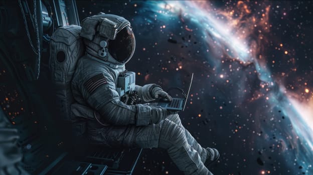 An astronaut sitting and working with laptop on the side of a space station.