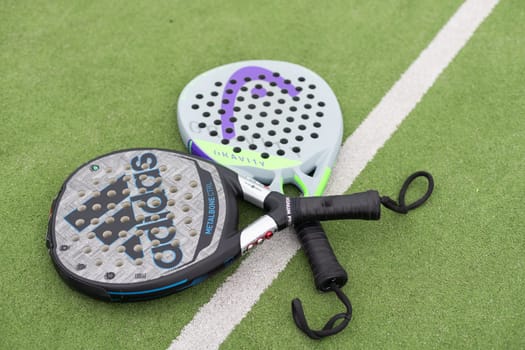 Ukraine Kyiv, April 14 2024, Paddle tennis and artificial grass, close up image. High quality photo