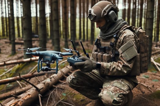 A soldier in a camouflage uniform with a control panel and a drone in the forest.