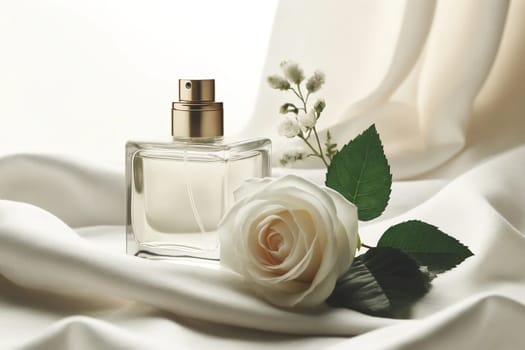 Perfume bottle and white rose on white satin material close-up