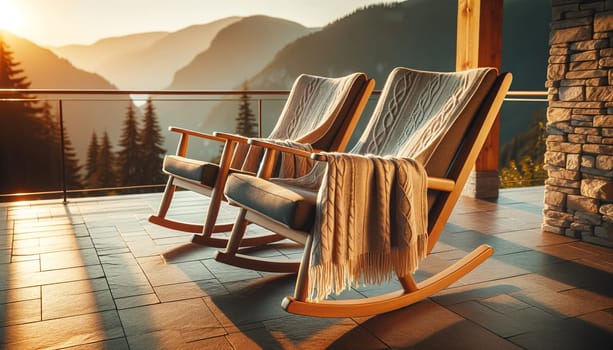two rocking chairs with blankets on an open terrace overlooking the mountains.