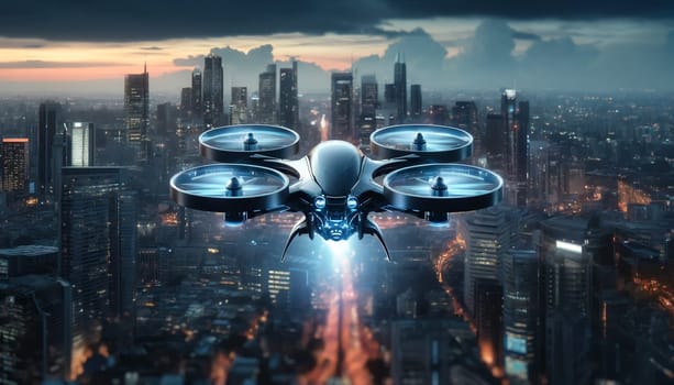 Quadcopter flies over the night city close-up.