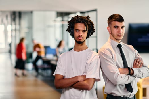 A group of colleagues, including an African American businessman and a young leader in a shirt and tie, pose together in a modern coworking center office, representing a dynamic blend of professionalism and collaboration.