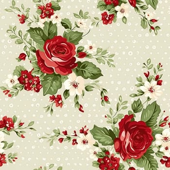 Seamless pattern, tileable Christmas holiday floral, country flowers dots print, English countryside roses for wallpaper, wrapping paper, scrapbook, fabric and product design motif