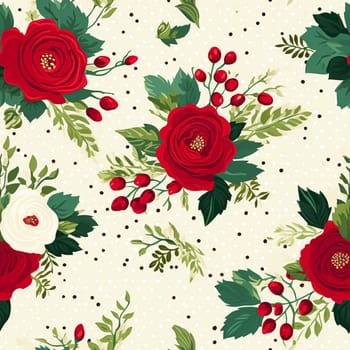 Seamless pattern, tileable Christmas holiday floral, country flowers dots print, English countryside roses for wallpaper, wrapping paper, scrapbook, fabric and product design motif