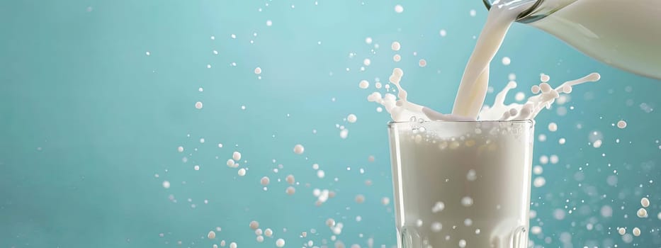Pouring milk in the glass on the background of nature. food, Generative AI,