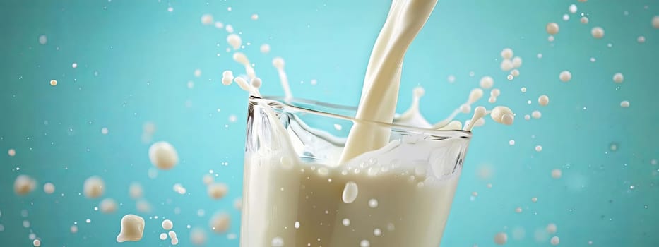 Pouring milk in the glass on the background of nature. food, Generative AI,