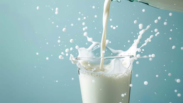 Pouring milk in the glass on the background of nature. food, Generative AI,