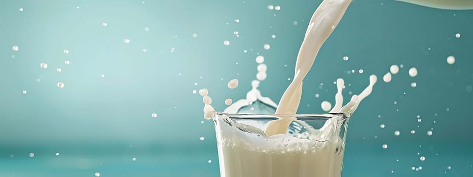 Pouring milk in the glass on the background of nature. food, Generative AI,