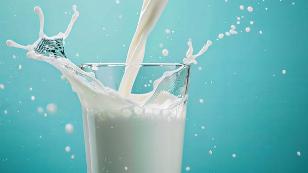 Pouring milk in the glass on the background of nature. food, Generative AI,