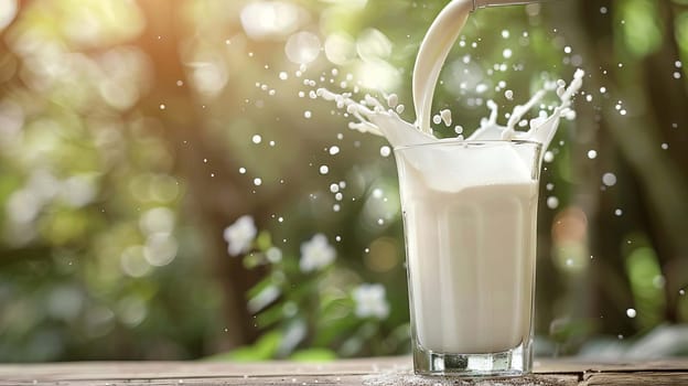Pouring milk in the glass on the background of nature. food, Generative AI,