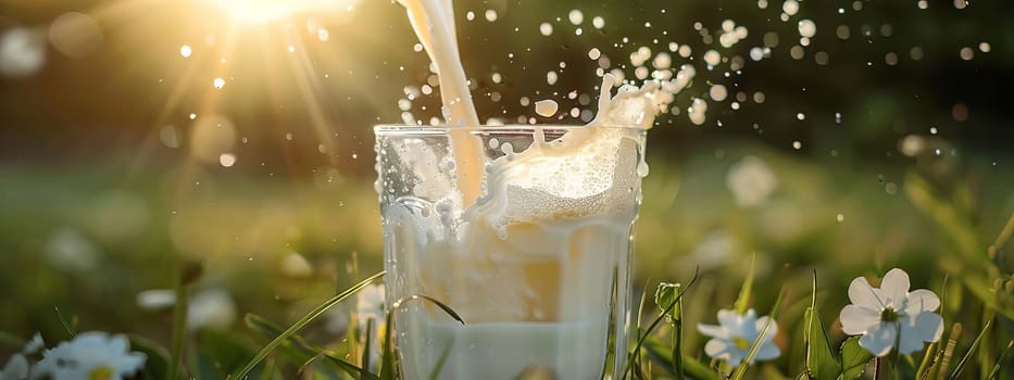 Pouring milk in the glass on the background of nature. food, Generative AI,