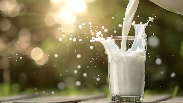 Pouring milk in the glass on the background of nature. food, Generative AI,