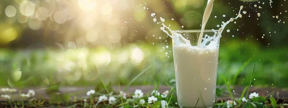 Pouring milk in the glass on the background of nature. food, Generative AI,