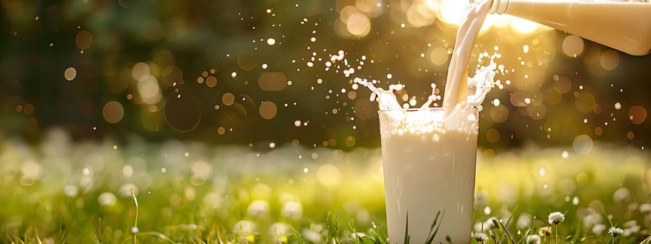 Pouring milk in the glass on the background of nature. food, Generative AI,