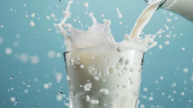 Pouring milk in the glass on the background of nature. food, Generative AI,