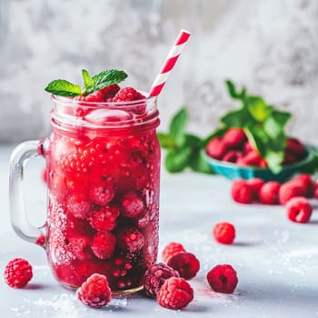 Glass of raspberry smoothie on white table, Drink Generative AI,