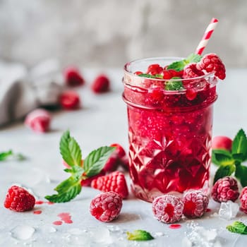 Glass of raspberry smoothie on white table, Drink Generative AI,