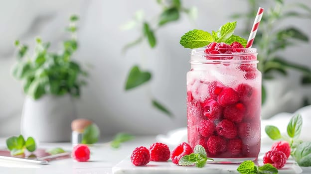 Glass of raspberry smoothie on white table, Drink Generative AI,