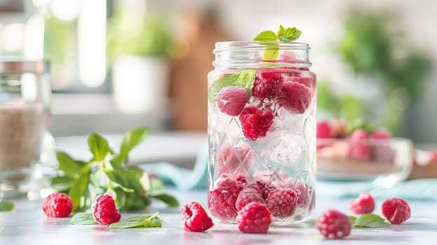 Glass of raspberry smoothie on white table, Drink Generative AI,