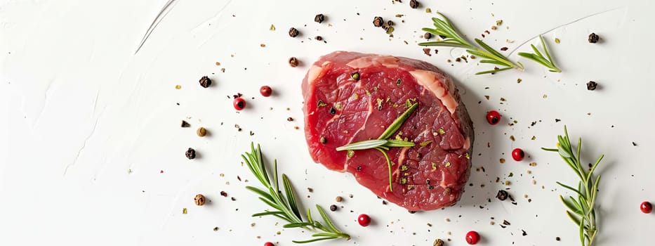 fresh meat steak with rosemary and black pepper on a white table, food Generative AI,