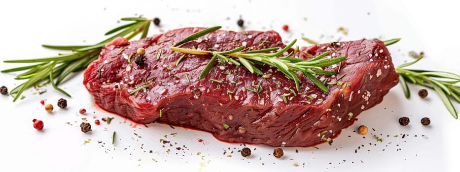 fresh meat steak with rosemary and black pepper on a white table, food Generative AI,