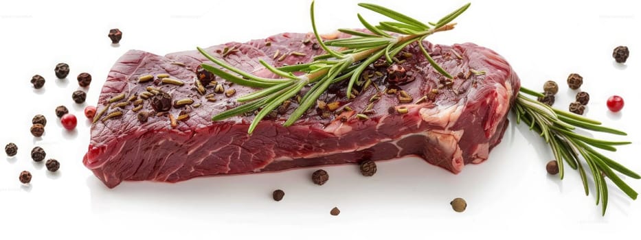 fresh meat steak with rosemary and black pepper on a white table, food Generative AI,