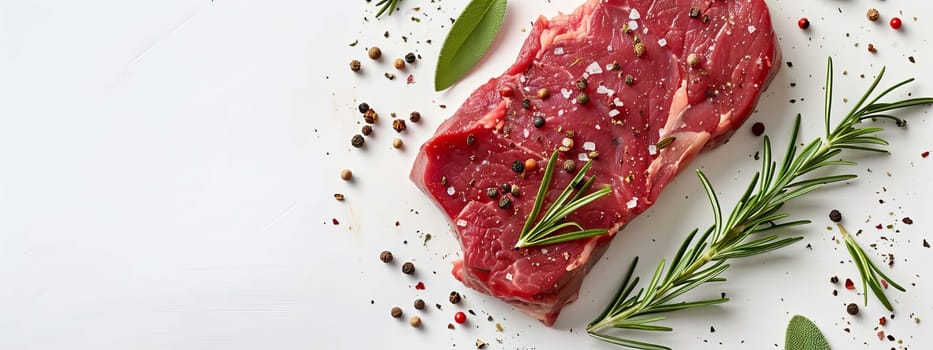 fresh meat steak with rosemary and black pepper on a white table, food Generative AI,