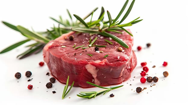 fresh meat steak with rosemary and black pepper on a white table, food Generative AI,