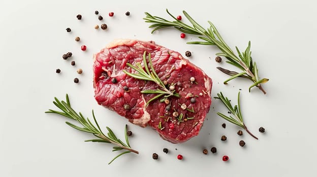fresh meat steak with rosemary and black pepper on a white table, food Generative AI,