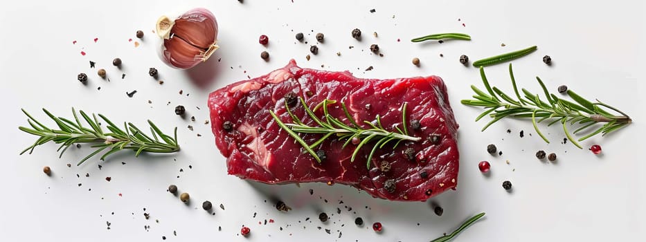 fresh meat steak with rosemary and black pepper on a white table, food Generative AI,