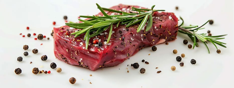 fresh meat steak with rosemary and black pepper on a white table, food Generative AI,