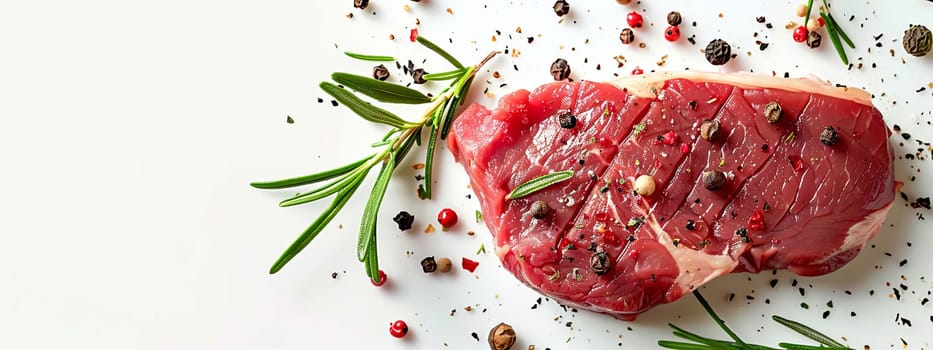 fresh meat steak with rosemary and black pepper on a white table, food Generative AI,