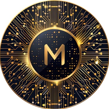 An automotive wheel system emblem featuring a black and gold coin with the letter M in the center, set in an electric blue circle. The badge has a metal rim and symbolizes luxury and style