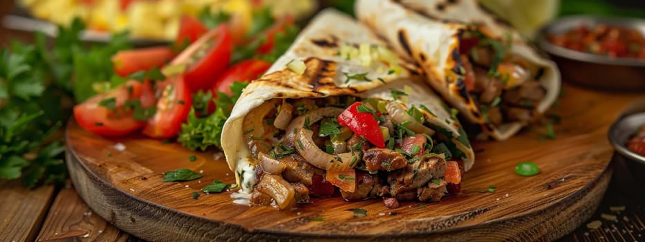 shawarma in pita bread with fresh vegetables and creamy sauce on wooden background, food Generative AI,