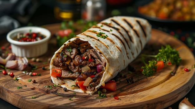 shawarma in pita bread with fresh vegetables and creamy sauce on wooden background, food Generative AI,