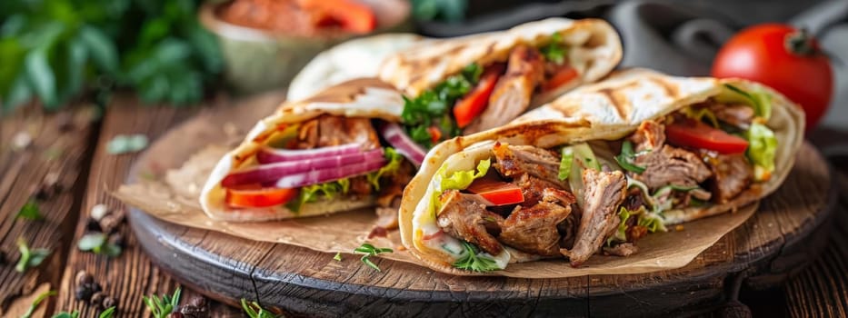 shawarma in pita bread with fresh vegetables and creamy sauce on wooden background, food Generative AI,