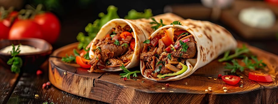 shawarma in pita bread with fresh vegetables and creamy sauce on wooden background, food Generative AI,