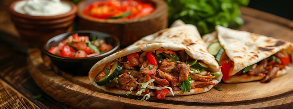 shawarma in pita bread with fresh vegetables and creamy sauce on wooden background, food Generative AI,