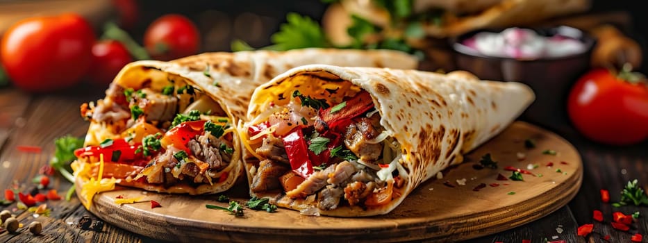 shawarma in pita bread with fresh vegetables and creamy sauce on wooden background, food Generative AI,