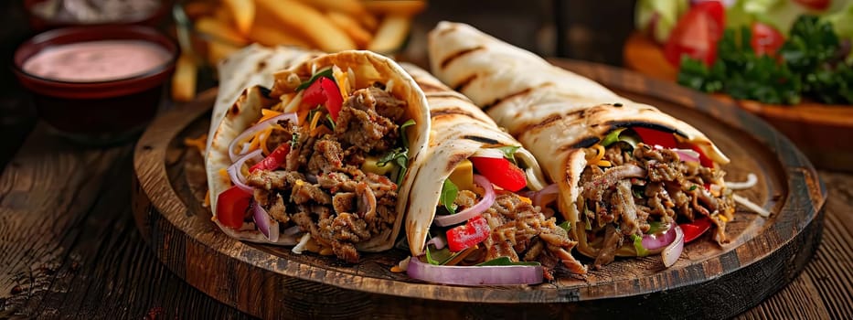 shawarma in pita bread with fresh vegetables and creamy sauce on wooden background, food Generative AI,