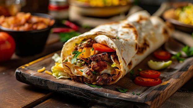 shawarma in pita bread with fresh vegetables and creamy sauce on wooden background, food Generative AI,