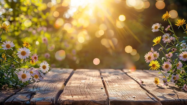 flowers on wooden background. Nature. Generative AI,