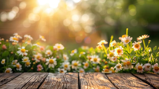 flowers on wooden background. Nature. Generative AI,