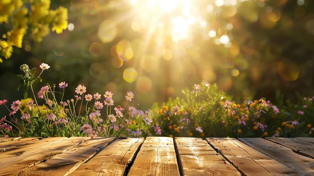 flowers on wooden background. Nature. Generative AI,