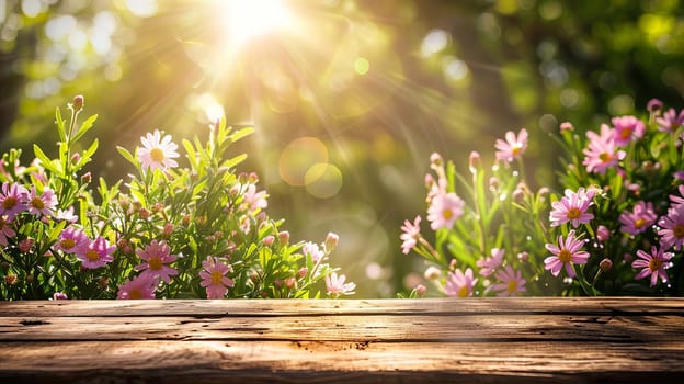 flowers on wooden background. Nature. Generative AI,