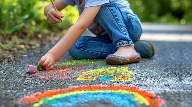 The child draws a house and a rainbow on the asphalt with chalk. Generative AI,