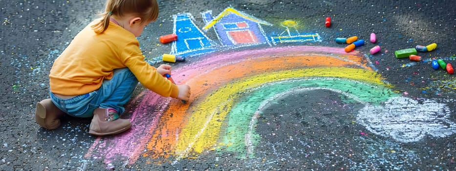 The child draws a house and a rainbow on the asphalt with chalk. Generative AI,