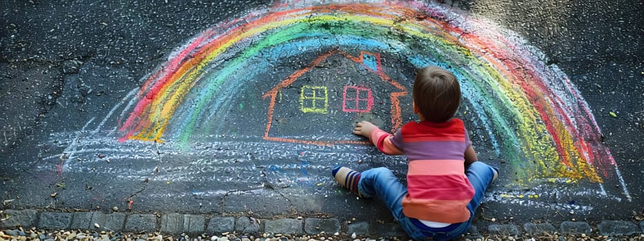 The child draws a house and a rainbow on the asphalt with chalk. Generative AI,