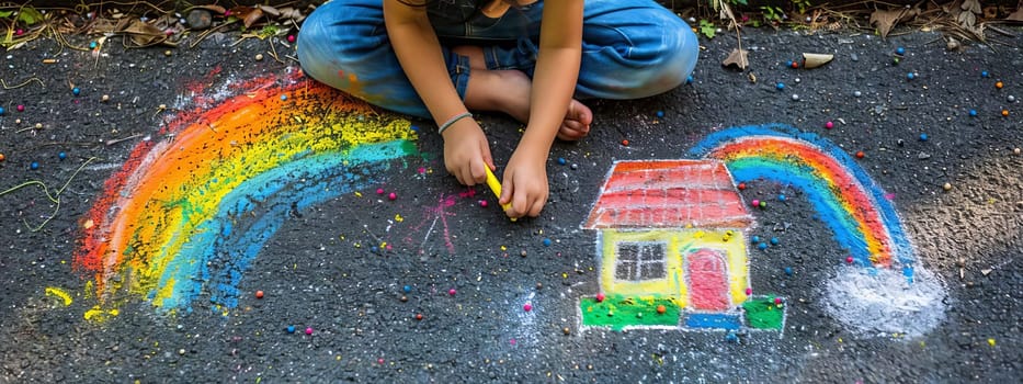 The child draws a house and a rainbow on the asphalt with chalk. Generative AI,